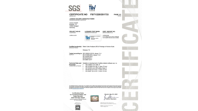 TUEV Certificate of Axivion SCA: secure coding and compliance through best static analyzer
